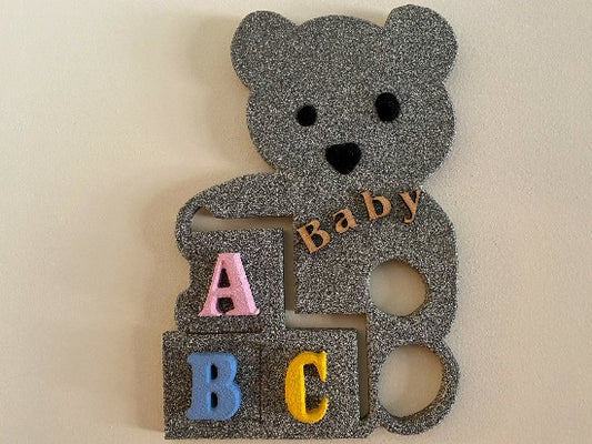 Gray teddy bear with colorful A B C blocks - baby shower gift - woodland nursery - 14" x 10" - Borgmanns Creations 