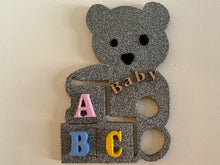 Load image into Gallery viewer, Gray teddy bear with colorful A B C blocks - baby shower gift - woodland nursery - 14&quot; x 10&quot; - Borgmanns Creations 
