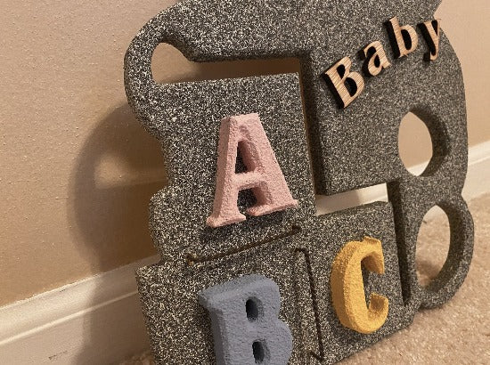 Gray teddy bear with colorful A B C blocks - baby shower gift - woodland nursery - 14" x 10" - Borgmanns Creations