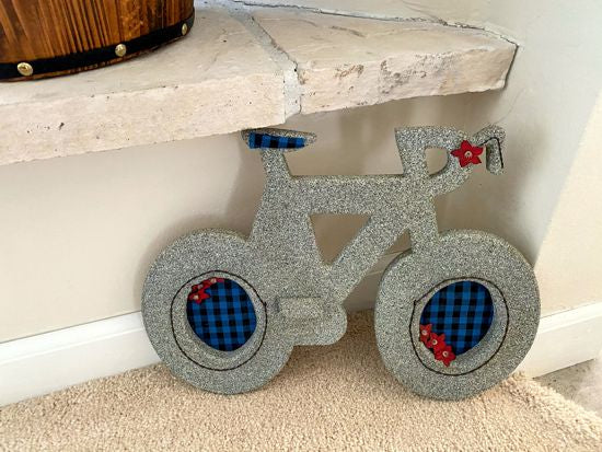Wood wall art, 1/2" MDF board, layered wood, hand painted, flowers, wire, material to accent the bike, hanging hook on back, wonderful baby shower gift for boys room.  The perfect gift you may be looking for - Borgmanns Creations 