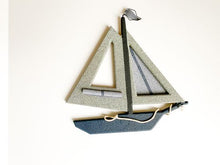 Load image into Gallery viewer, Wood sailing ship wall hanging cute sailing ship, gray with strip, material for sail, cut from MDF board, acrylic paint, layered wood, hanger on back, wire, rope, 13&quot; x 12&quot; x 1/2&#39;,  your new decoration for your lake home.  A colorful nautical wall art design for you or a housewarming gift or a gift for a friend - Borgmanns Creations
