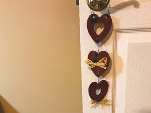 3 Hearts - Wood Wall Hanging - 2 Hearts Have Open Centers - Hung By Wire And Connected By Wire - With Small Flowers and Raffia to Finish It Off -Borgmanns Creations