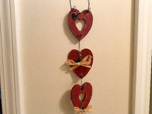 3 Hearts - Wood Wall Hanging - 2 Hearts Have Open Centers - Hung By Wire And Connected By Wire - With Small Flowers and Raffia to Finish It Off -Borgmanns Creations