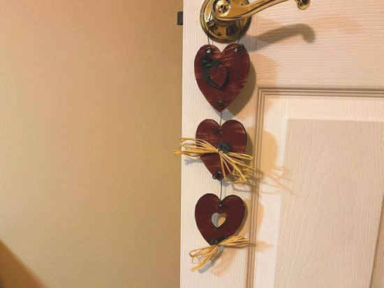 Wood wall art wall hanging, 3 hearts design, laser cut luan wood, acrylic paint, wire, flowers,  14" H x 3 1/4" W x 1/2" D, as a gift or for your home decor, housewarming idea for a friend, Holiday gift for mom, grandma, sweet heart - Borgmanns Creations 