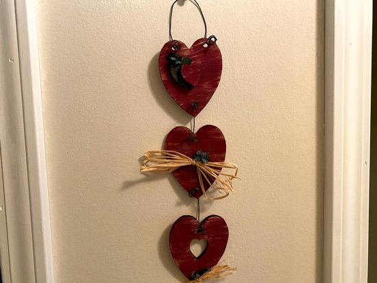 Wood wall art wall hanging, 3 hearts design, laser cut luan wood, acrylic paint, wire, flowers,  14" H x 3 1/4" W x 1/2" D, as a gift or for your home decor, housewarming idea for a friend, Holiday gift for mom, grandma, sweet heart - Borgmanns Creations 