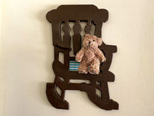 Load image into Gallery viewer, Wood wall art, wood sculpture of a rocking chair, 1/2&quot; MDF board, layered wood, hand painted, wire, material, small teddy bear, is made for hanging on your walls. Also great for a shelf sitter or even leaning against a wall at floor level. Wonderful gift idea for a sewing room .One of a kind gift - Borgmanns Creations  
