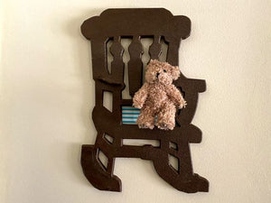 Wood wall art, wood sculpture of a rocking chair, 1/2" MDF board, layered wood, hand painted, wire, material, small teddy bear, is made for hanging on your walls. Also great for a shelf sitter or even leaning against a wall at floor level. Wonderful gift idea for a sewing room .One of a kind gift - Borgmanns Creations  