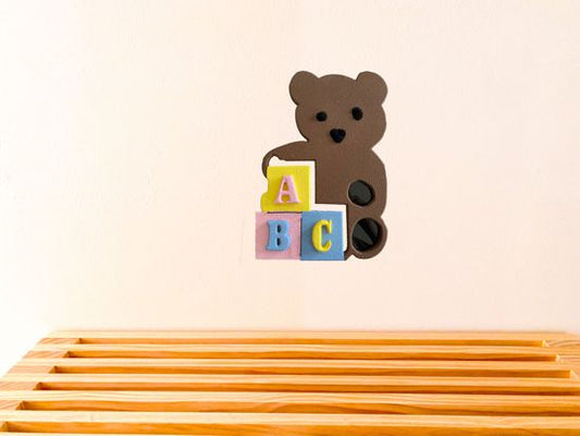 Woodland nursery decor,  1/2" MDF board, layered wood, hand painted brown, wire, pompom balls, black acrylic feet, hanging hook on back, this wood sculpture of a teddy bear would be a great baby shower gift for the nursery wall decor. One of a kind baby shower gift - Borgmanns Creations 