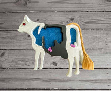 Load image into Gallery viewer, Wood wall art wall hanging, 1/2 MDF board, layered wood, hand painted, with wire, material and flowers, 14&quot; H x 16&quot; W x 1/2&quot; D, this wood sculpture of a cow will be a great gift for a baby shower nursery decor.  Also great for a shelf sitter or even leaning against a wall at floor level - Borgmanns Creations 
