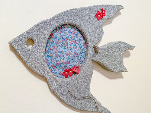 Wood wall art wall hanging, this wood sculpture of a fish is perfect for the nautical bathroom decor for that lake house decor. 1/2 MDF board, layered wood, hand painted, with wire, material, flowers, and hook on the back, 12