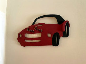 Wood wall art, wall sculpture of a red sports car, 1/2" MDF board, layered wood, hand painted, laser cut words (Beep Beep), wire, material for grill, hubcaps, head lights, 10" H x 17" W x 1/2" D, gift for dad,  son or friend who are interested in cars. Den decor or bedroom decor - Borgmanns Creations 