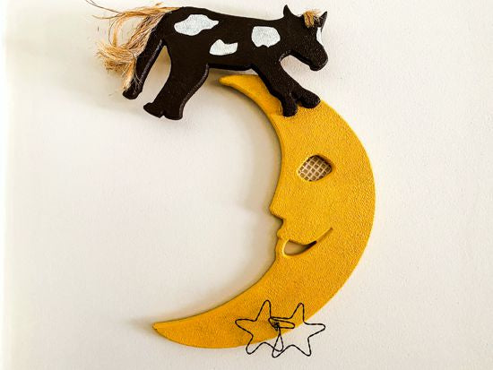 Baby shower gift - wood sculpture cow jumping over the moon (nursery rhyme) 18" x 13" - wire stars attached to the moon -Nursery decor wall hanging -  boy or girls room - wood wall art rustic home decor - Borgmanns Creations
