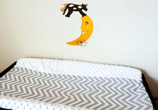 Baby shower gift - wood sculpture cow jumping over the moon (nursery rhyme) 18" x 13" - wire stars attached to the moon -Nursery decor wall hanging - boy or girls room - wood wall art rustic home decor - Borgmanns Creations