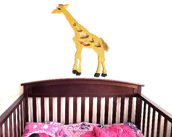 Giraffe wood wall art nursery decor - wood sculpture of a giraffe with yellow material for spots is made for hanging on your wall or even leaning against a wall at floor level. - one of a kind baby shower gift - giraffe is layered wood hand painted,  wire, hanging hooks on the back - 21" H x 15" W x 1/2" D - Borgmanns Creations - 1