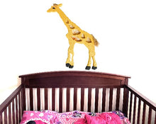 Load image into Gallery viewer, Giraffe wood wall art nursery decor - wood sculpture of a giraffe with yellow material for spots is made for hanging on your wall or even leaning against a wall at floor level. - one of a kind baby shower gift - giraffe is layered wood hand painted,  wire, hanging hooks on the back - 21&quot; H x 15&quot; W x 1/2&quot; D - Borgmanns Creations - 1
