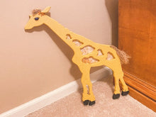 Load image into Gallery viewer, Giraffe wood wall art nursery decor - wood sculpture of a giraffe with yellow material for spots is made for hanging on your wall or even leaning against a wall at floor level. - one of a kind baby shower gift - giraffe is layered wood hand painted,  wire, hanging hooks on the back - 21&quot; H x 15&quot; W x 1/2&quot; D - Borgmanns Creations - 2

