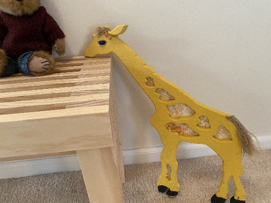 Giraffe wood wall art nursery decor - wood sculpture of a giraffe with yellow material for spots is made for hanging on your wall or even leaning against a wall at floor level. - one of a kind baby shower gift - giraffe is layered wood hand painted,  wire, hanging hooks on the back - 21" H x 15" W x 1/2" D - Borgmanns Creations - 3