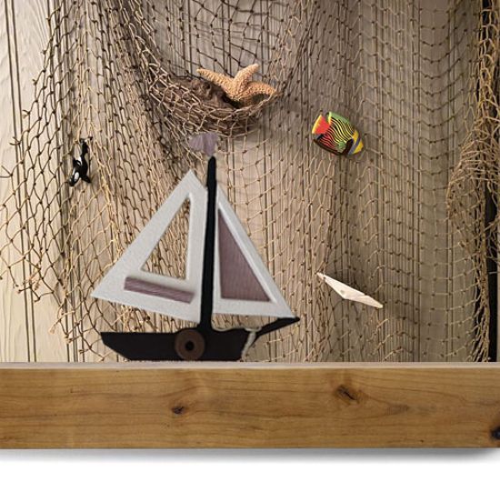 Wood sailboat wall hanging cute sailing ship  with red and white material for sails,  cut from MDF board,  acrylic paint, layered wood, hanger on back, 13" x 12" x 1/2", your new decoration for your lake home.  A colorful nautical wall art design for you or a housewarming gift or a gift for a friend - Borgmanns Creations 