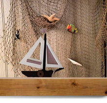Load image into Gallery viewer, Wood sailboat wall hanging cute sailing ship  with red and white material for sails,  cut from MDF board,  acrylic paint, layered wood, hanger on back, 13&quot; x 12&quot; x 1/2&quot;, your new decoration for your lake home.  A colorful nautical wall art design for you or a housewarming gift or a gift for a friend - Borgmanns Creations 
