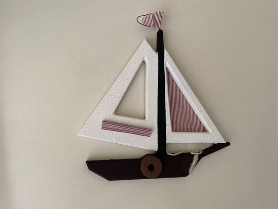 Wood sailboat wall hanging cute sailing ship  with red and white material for sails,  cut from MDF board,  acrylic paint, layered wood, hanger on back, 13" x 12" x 1/2", your new decoration for your lake home.  A colorful nautical wall art design for you or a housewarming gift or a gift for a friend - Borgmanns Creations 