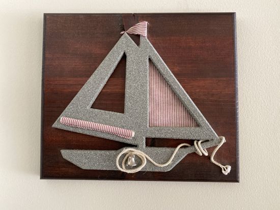 Gray sailboat, red white sails, rope, and bell mounted on a oak wood beveled and mahogany stained 13" W x 11" H x 3/4" D- nautical wall Hanging - Borgmanns Creations