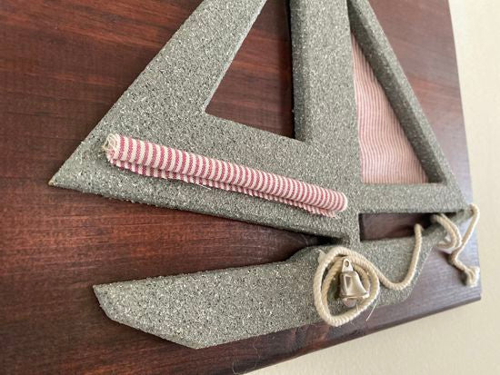 Gray sailboat, red white sails, rope, and bell mounted on a oak wood beveled and mahogany stained 13" W x 11" H x 3/4" D- nautical wall Hanging - Borgmanns Creations