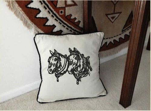 Farmhouse pillow cover - natural color pillow cover  - horse carriage teem throw pillow cover - will make the perfect decor for the farmhouse or country living family - embroidered custom wedding gift-  home decor. - Borgmanns Creations - 1