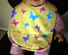 Load image into Gallery viewer, This bib and burp cloth set of butterflies with yellow background is made of flannel top and terry cloth backing, bib 9&quot; from neck to bottom- 8&quot; wide with sticky fasteners,  burp cloth is 16&quot; x 8&quot; to keep the baby dry from those frequent spills. Makes a great new mom gift, new born gift or baby shower gift.  Custom gift for a toddler - Borgmanns Creations - 1
