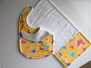 This bib and burp cloth set of butterflies with yellow background is made of flannel top and terry cloth backing, bib 9" from neck to bottom- 8" wide with sticky fasteners,  burp cloth is 16" x 8" to keep the baby dry from those frequent spills. Makes a great new mom gift, new born gift or baby shower gift.  Custom gift for a toddler - Borgmanns Creations - 5