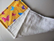 Load image into Gallery viewer, This bib and burp cloth set of butterflies with yellow background is made of flannel top and terry cloth backing, bib 9&quot; from neck to bottom- 8&quot; wide with sticky fasteners,  burp cloth is 16&quot; x 8&quot; to keep the baby dry from those frequent spills. Makes a great new mom gift, new born gift or baby shower gift.  Custom gift for a toddler - Borgmanns Creations - 4
