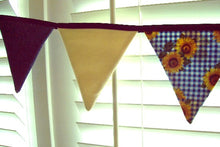 Load image into Gallery viewer, Fabric bunting banner party decoration and wonderful fabric banner for the nursery -  Flags are made of blue denim, cream denim, and blue and white checked cotton material with sunflowers - the flag section is 9&#39; and hangs 6&quot; down, there is 2 ft of blue bias tape on each side for tying - Borgmanns Creations - 2
