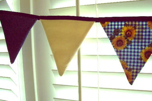 Fabric bunting banner party decoration and wonderful fabric banner for the nursery -  Flags are made of blue denim, cream denim, and blue and white checked cotton material with sunflowers - the flag section is 9' and hangs 6" down, there is 2 ft of blue bias tape on each side for tying - Borgmanns Creations - 2