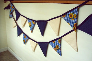 Fabric bunting banner party decoration and wonderful fabric banner for the nursery -  Flags are made of blue denim, cream denim, and blue and white checked cotton material with sunflowers - the flag section is 9' and hangs 6" down, there is 2 ft of blue bias tape on each side for tying - Borgmanns Creations - 4