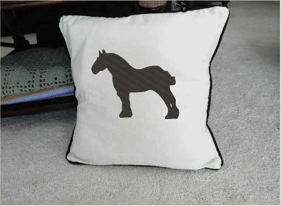 Throw pillow cover, embroidered silhouette of a Percheron horse, quality material "natural" color, 20"x 20" or 18"x 18", black piping around edge, natural color backing, for couch, bed or even decorative hallway pillow. Makes a great western gift for the Gentle Giants horse lover you know  - Borgmanns Creations 