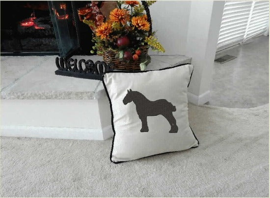 Throw pillow cover, embroidered silhouette of a Percheron horse, quality material "natural" color, 20"x 20" or 18"x 18", black piping around edge, natural color backing, for couch, bed or even decorative hallway pillow. Makes a great western gift for the Gentle Giants horse lover you know  - Borgmanns Creations 