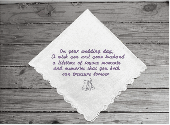 Gift for the bride - wedding handkerchief from the bride's parents,-  wedding shower idea for mom to her daughter - bridal keepsake hankie - custom embroidered gift for that wedding day from a friend - cotton handkerchief with scalloped edges 11" x 11" - Borgmanns Creations - 2