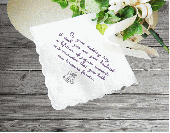 Gift for the bride - wedding handkerchief from the bride's parents,-  wedding shower idea for mom to her daughter - bridal keepsake hankie - custom embroidered gift for that wedding day from a friend - cotton handkerchief with scalloped edges 11" x 11" - Borgmanns Creations - 3