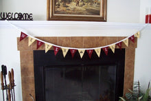 Load image into Gallery viewer, Western pleasure garland felt flag banner, 16 flags each 3 1/2&quot; x 4 1/2&quot;, sewn to bias tape, embroidered letters, design on center flag, 60&quot; and there is 2 ft of black bias tape on each side for tying. Western farmhouse decor, great for the kids room - Borgmanns Creations 
