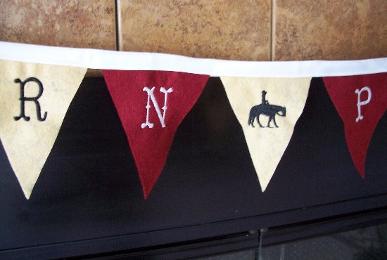 Western pleasure garland felt flag banner, 16 flags each 3 1/2" x 4 1/2", sewn to bias tape, embroidered letters, design on center flag, 60" and there is 2 ft of black bias tape on each side for tying. Western farmhouse decor, great for the kids room - Borgmanns Creations 
